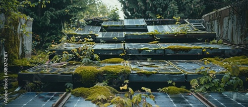 Abandoned solar panels covered in moss and vines, symbols of environmental waste, overgrown setting, muted tones, Photography photo