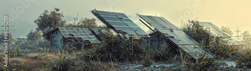 Abandoned solar panels overgrown with wild plants, nature reclaiming technology, desolate and neglected, muted colors, Realistic, Digital painting photo