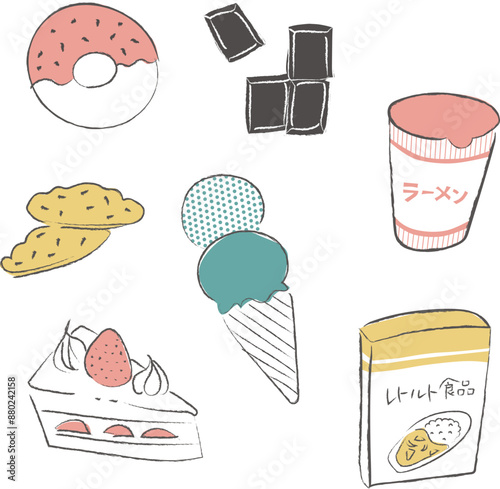 糖分の多い食べ物とインスタント食品のイラスト