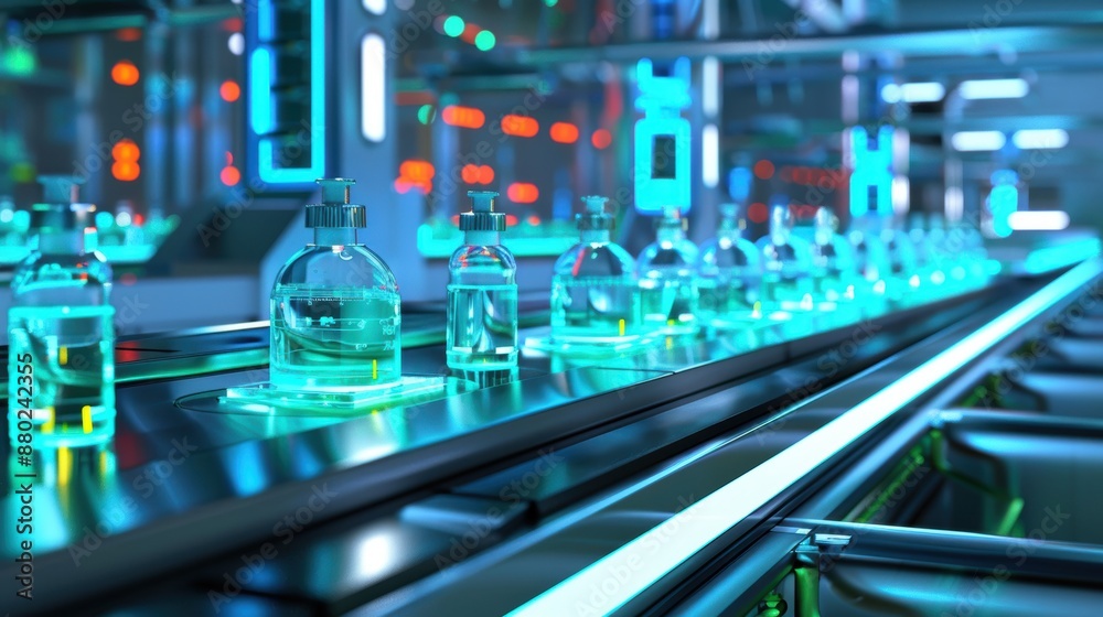Advanced pharmaceutical assembly line with glowing components, futuristic setting with blue and green hues, high-tech, Illustration Advanced pharmaceutical assembly line with glowing components, futuristic setting with blue and green hues, high-tech, Illustration
