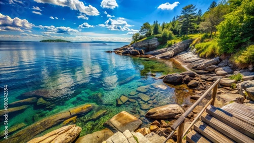 Fotografie Serenely majestic rocky shoreline of Bailey Island's Giants Stairs trail summer scenery featuring crystal-clear turquoise Casco Bay waters and blue sky