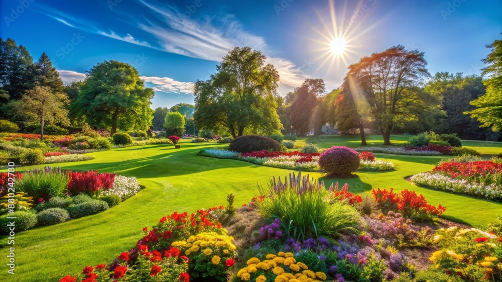 Fototapeta premium Serenene atmosphere of a tranquil park with lush green grass and vibrant flowers under a clear blue sky with warm sunlight.