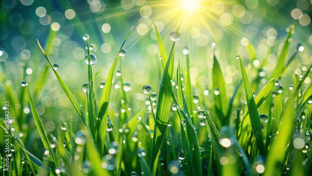 Fototapeta premium Vibrant green blades of fresh grass sparkle with tiny glistening water droplets, creating a serene and peaceful natural landscape atmosphere.