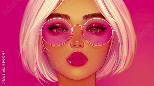 Pop Art Portrait of Woman with Pink Sunglasses

