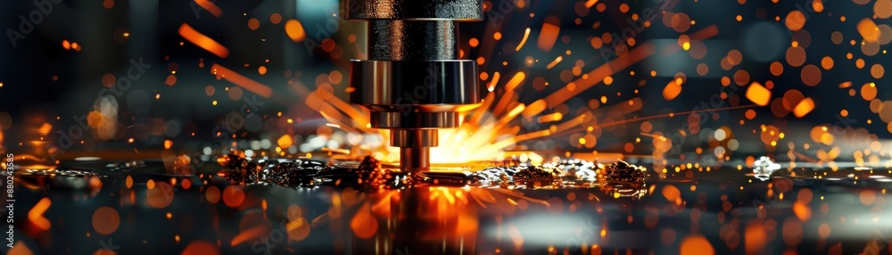 Close-up of a CNC machine with liquid coolant pouring over the cutting tool, detailed view, sparks flying, bright and sharp, Realistic, Digital painting Close-up of a CNC machine with liquid coolant pouring over the cutting tool, detailed view, sparks flying, bright and sharp, Realistic, Digital painting