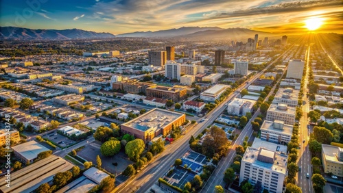 Aerial vista of sun-kissed Culver City landscape in Los Angeles, California, showcasing vast sprawling metropolis and urban infrastructure.
