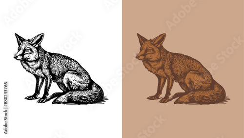 Classic engraving style 2-color vector illustration of a gray fox