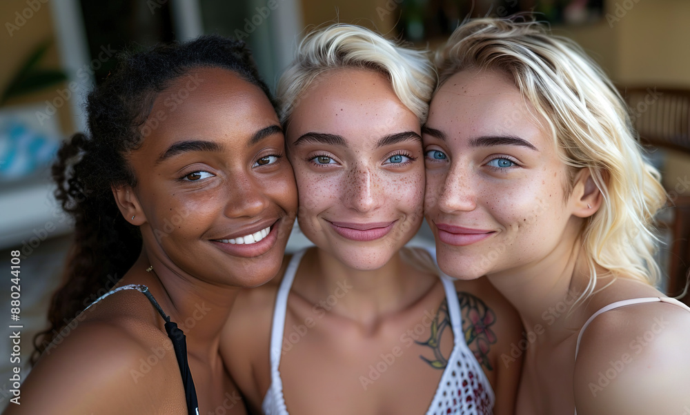 Friendship in diversity: Young multiethnic women pose happily in summer attire, capturing an Instagram-worthy moment at their vibrant home. Friendship in diversity: Young multiethnic women pose happily in summer attire, capturing an Instagram-worthy moment at their vibrant home.
