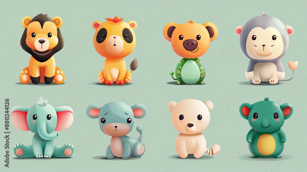 Cute animal characters with simple, rounded features, ideal for children's products. Cute animal characters with simple, rounded features, ideal for children's products.