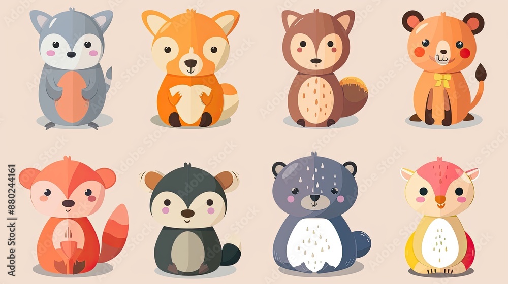 Cute animal characters with simple, rounded features, ideal for children's products. Cute animal characters with simple, rounded features, ideal for children's products.