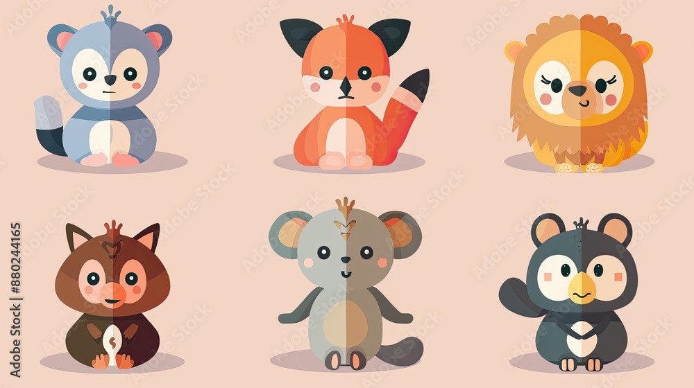 Cute animal characters with simple, rounded features, ideal for children's products. Cute animal characters with simple, rounded features, ideal for children's products.