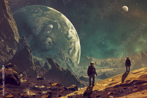 Space travelers discovering a new world 