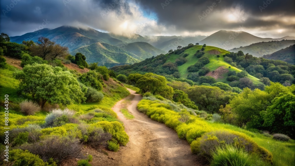 Serene overcast scenery of winding gravel trail through lush greenery and misty Santa Monica Mountains on Sullivan Ridge. Serene overcast scenery of winding gravel trail through lush greenery and misty Santa Monica Mountains on Sullivan Ridge.