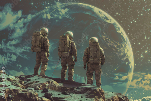Space travelers discovering a new world 