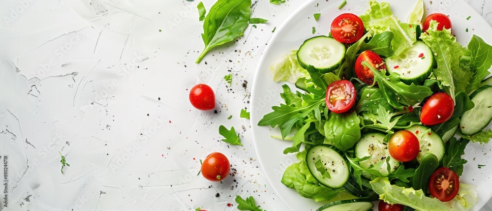 Fresh salad with vibrant greens, cherry tomatoes, cucumber slices, and avocado on a white plate, ample copy space on the right, bright and clean, Photography Fresh salad with vibrant greens, cherry tomatoes, cucumber slices, and avocado on a white plate, ample copy space on the right, bright and clean, Photography