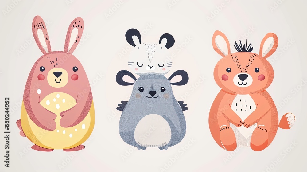Fototapeta premium Cute animal characters with simple, rounded features, ideal for children's products.