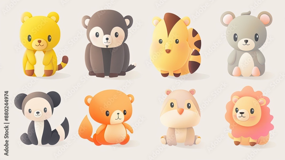 Cute animal characters with simple, rounded features, ideal for children's products. Cute animal characters with simple, rounded features, ideal for children's products.