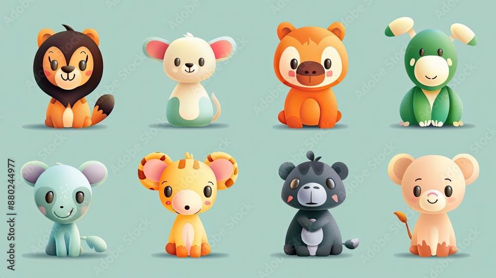 Fototapeta premium Cute animal characters with simple, rounded features, ideal for children's products.