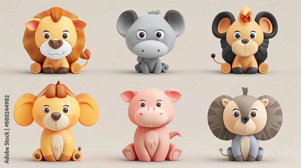 Fototapeta premium Cute animal characters with simple, rounded features, ideal for children's products.