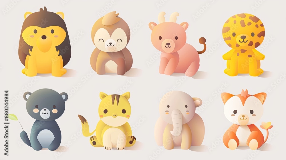 Cute animal characters with simple, rounded features, ideal for children's products. Cute animal characters with simple, rounded features, ideal for children's products.
