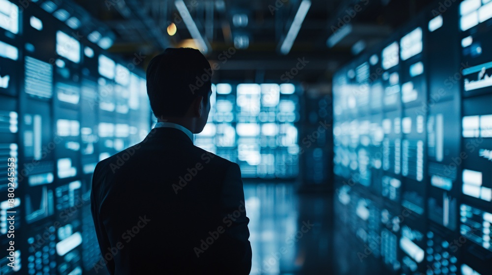 A silhouette of a logistics manager stands confidently against a backdrop of advanced technology interfaces, highlighting the automation processes within a modern warehouse. The scene conveys A silhouette of a logistics manager stands confidently against a backdrop of advanced technology interfaces, highlighting the automation processes within a modern warehouse. The scene conveys