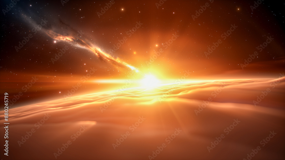 A breathtaking view of a sunrise over a distant planet's surface, with stars and nebulae illuminating the cosmic background. A breathtaking view of a sunrise over a distant planet's surface, with stars and nebulae illuminating the cosmic background.