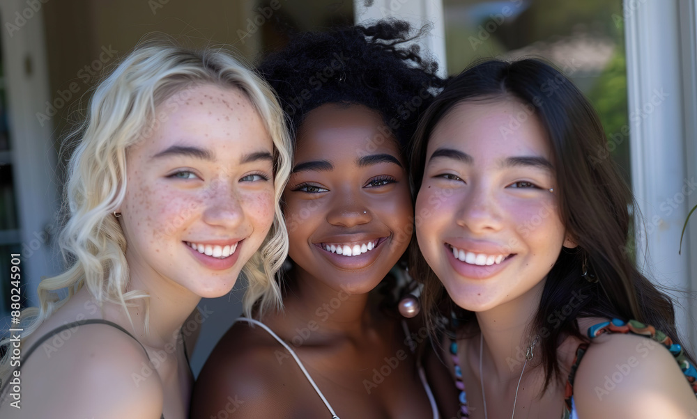 Fototapeta premium A tapestry of smiles: Multiethnic trio of young women pose cheerfully in summer fashion, creating an Instagram moment at their naturally lit residence
