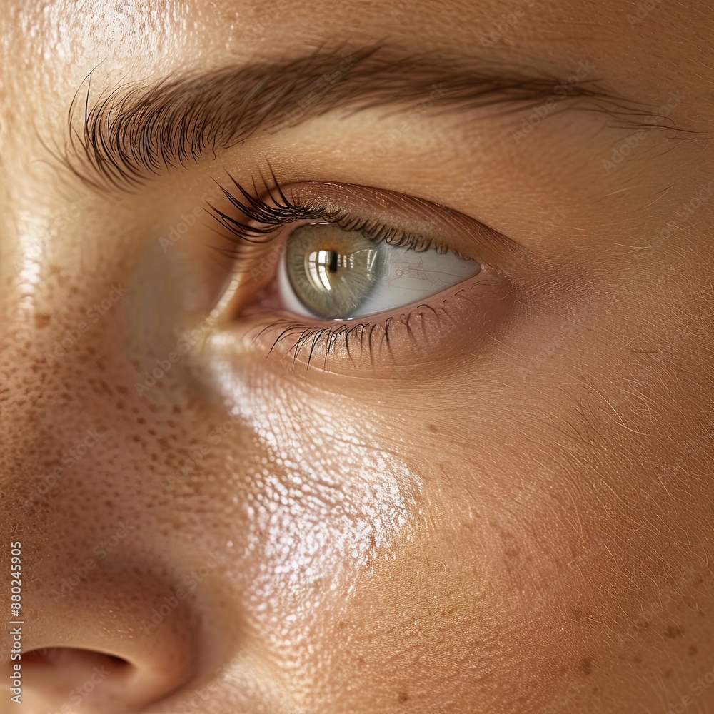 Obraz premium Close-up of a woman's eye with healthy skin and natural freckles.