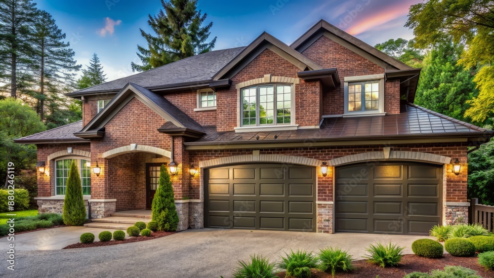 Elegant suburban home features a sleek garage door with decorative windows, brick exterior, and lush greenery in a serene atmosphere. Elegant suburban home features a sleek garage door with decorative windows, brick exterior, and lush greenery in a serene atmosphere.