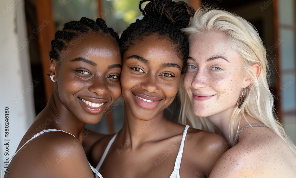Sunlit Unity: Three Multiethnic Friends in Casual Summer Style Pose for a Joyful Selfie at Home Sunlit Unity: Three Multiethnic Friends in Casual Summer Style Pose for a Joyful Selfie at Home