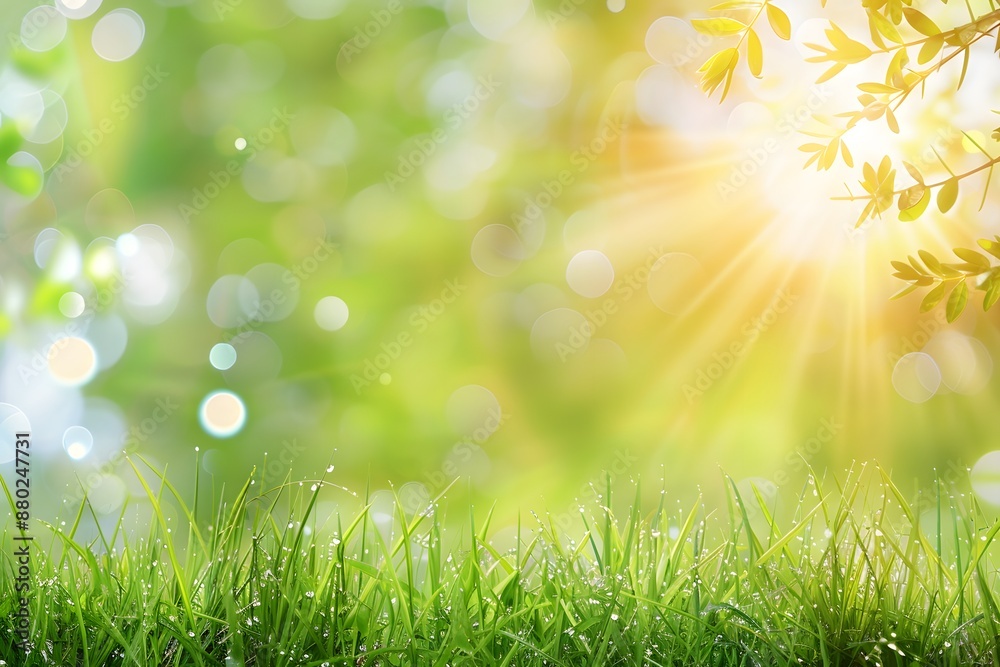 Obraz premium Green Grass Bokeh Spring Background, Product Placement