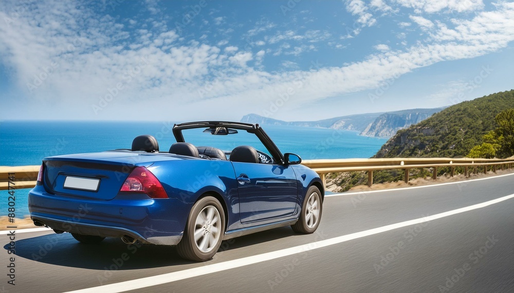 Naklejka premium Coastal Cruising: Blue Convertible Soars Along Scenic Ocean Highway