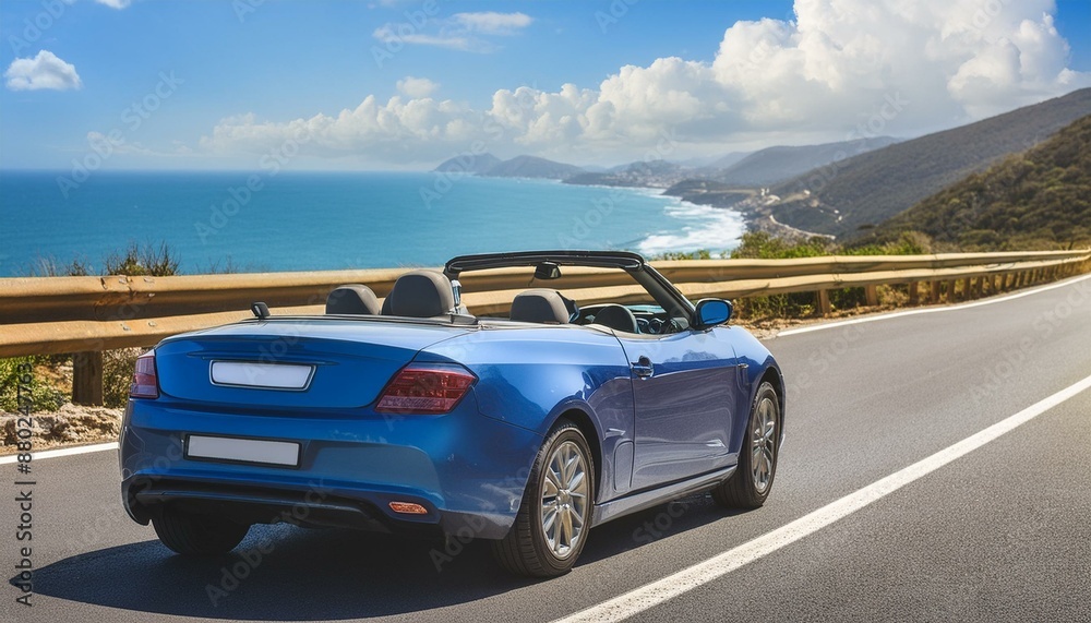 Coastal Cruising: Blue Convertible Soars Along Scenic Ocean Highway Coastal Cruising: Blue Convertible Soars Along Scenic Ocean Highway