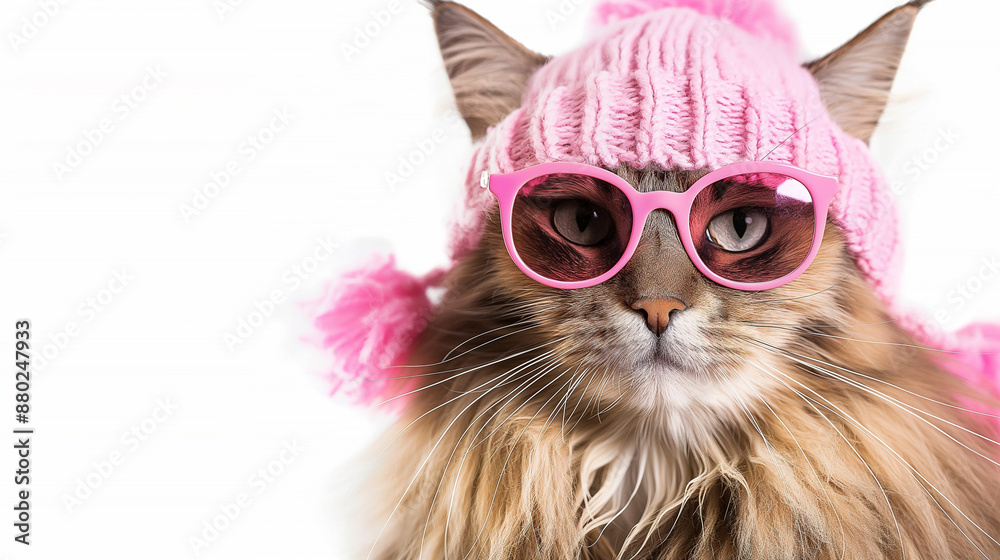 Fototapeta premium A beautiful fluffy cat wearing pink sunglasses and hat on a white background. The photo has a high definition photography style showing the full body of the cute mainecoon with long hair