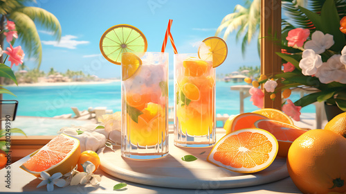 Transport yourself to a tropical paradise with the sight of a tall glass brimming with a fruity summer cooler, adorned with colorful umbrellas 