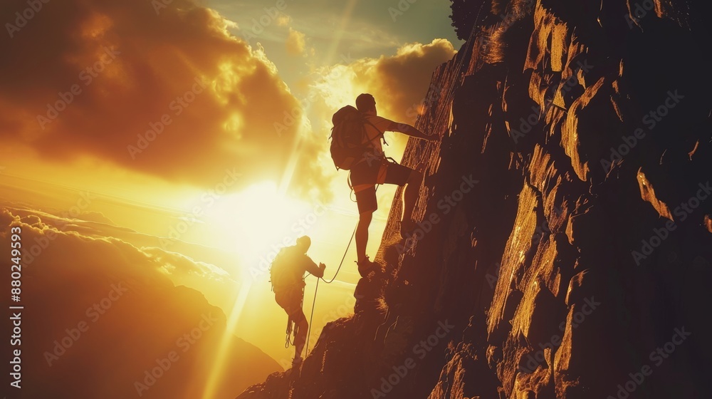 Obraz premium Silhouette of a hiker climbing a cliff And one of them offered to help. Helping people and teamwork concept