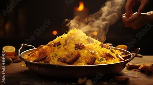 Treat your senses to a visual feast with a close and top view of biryani, its golden grains of rice mingling with tender meat and fragrant spices, meticulously arranged and expertly