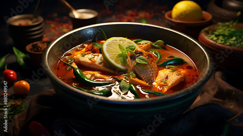 Treat yourself to a bowl of fragrant fish curry, infused with a harmonious blend of spices and herbs, its vibrant colors and inviting aroma captured in stunning high-definition detail
