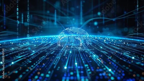 A hightech digital representation of the Earth with blue grid lines