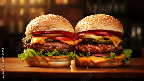 Two mouthwatering burgers, one featuring juicy beef patties and the other with savory ham, both stacked with fresh lettuce, ripe tomatoes, and tangy sauces, ready to tantalize your taste buds
