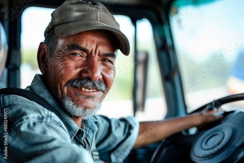 Happy bus driver behind steering wheel looking at camera