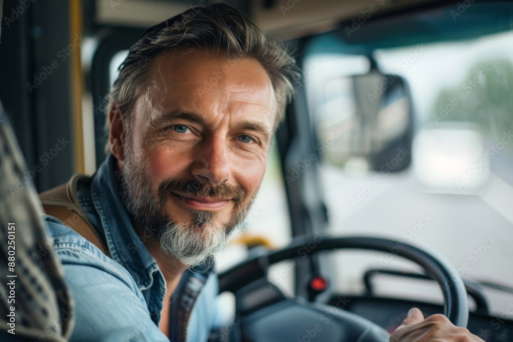 Happy bus driver behind steering wheel looking at camera Happy bus driver behind steering wheel looking at camera