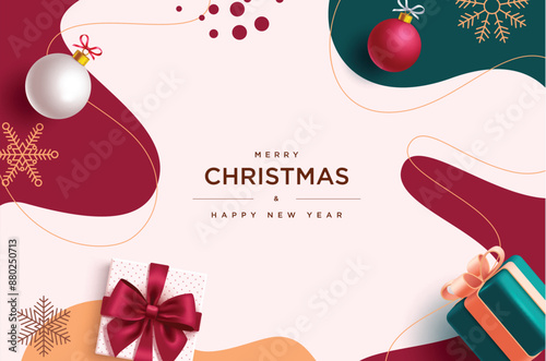 Christmas greeting vector background design. Merry christmas and happy new year text with gift box, xmas balls and snowflakes decoration elements in abstract pattern background. Vector illustration 