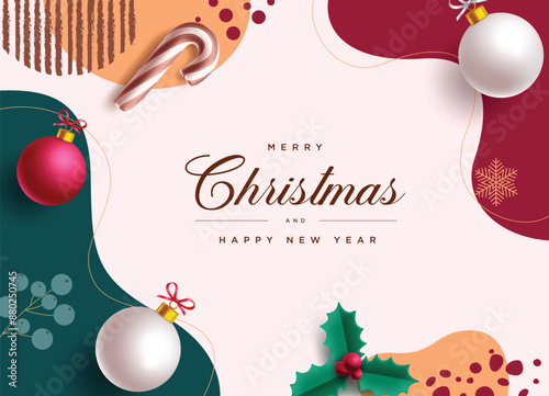 Merry christmas greeting vector background design. Christmas greeting text in abstract colorful pattern background with xmas balls, candy cane and holly berry ornaments decoration. Vector illustration