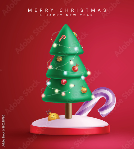 Christmas pine tree vector poster design. Merry christmas greeting text with green pine tree, xmas lights and candy cane in podium stage for holiday season poster. Vector illustration new year 