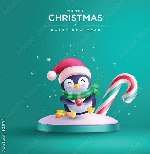 Christmas penguin character vector design. Merry christmas and happy new year greeting text with penguin character and candy cane in podium stage for holiday season background. Vector illustration 