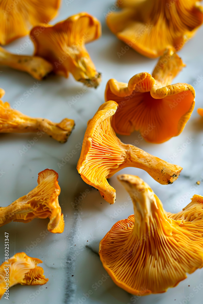 chanterelle mushrooms lying on a bright table in a white brightly lit kitchen. AI generative. chanterelle mushrooms lying on a bright table in a white brightly lit kitchen. AI generative.