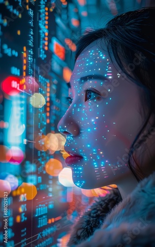 A woman's face illuminated by digital data, representing the intersection of technology and human consciousness.