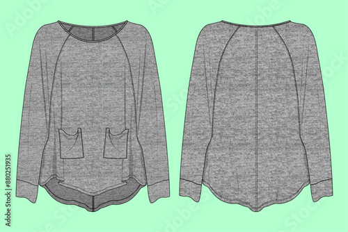 ladies nightwear raglan sleeve relax fit t-shirt for sleepwear fashion illustration flat sketch vector.