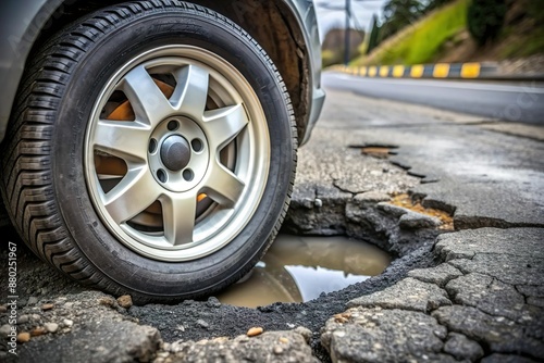 car wheel stuck in pothole on street photo